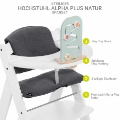 Hochstuhl Alpha Plus White im Sparset - inkl. Sitzkissen + Play Tray Basis + Spielzeug Play Planting mit Motorikbrett Flowers
