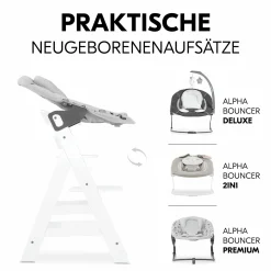 Hochstuhl Alpha Plus White im Sparset - inkl. Sitzkissen + Play Tray Basis + Spielzeug Play Planting mit Motorikbrett Flowers