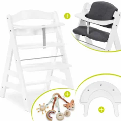 Hochstuhl Alpha Plus White im Sparset - inkl. Sitzkissen + Play Tray Basis + Spielring Play Catching mit 3 Stoff-Figuren
