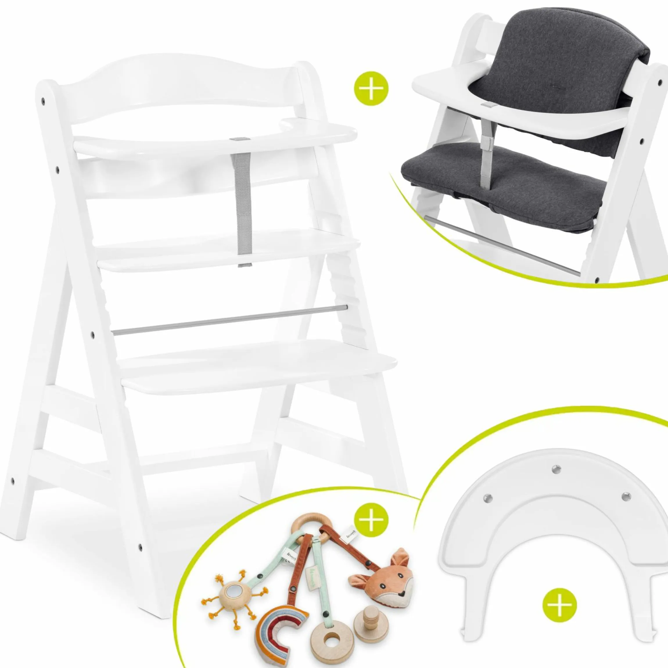 Hochstuhl Alpha Plus White im Sparset - inkl. Sitzkissen + Play Tray Basis + Spielring Play Catching mit 3 Stoff-Figuren