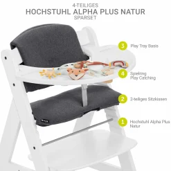 Hochstuhl Alpha Plus White im Sparset - inkl. Sitzkissen + Play Tray Basis + Spielring Play Catching mit 3 Stoff-Figuren