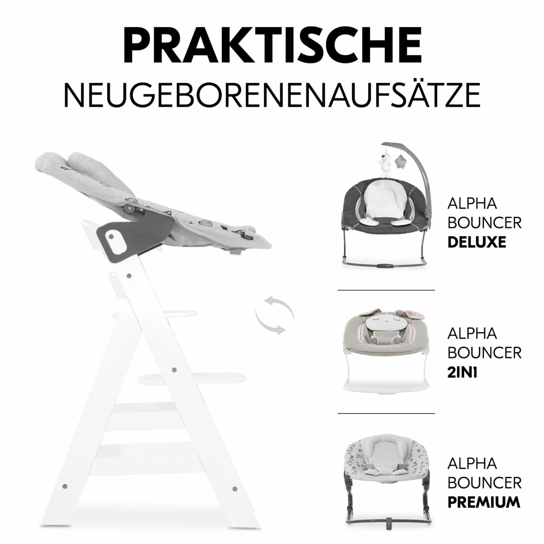 Hochstuhl Alpha Plus White im Sparset - inkl. Sitzkissen + Play Tray Basis + Spielring Play Catching mit 3 Stoff-Figuren