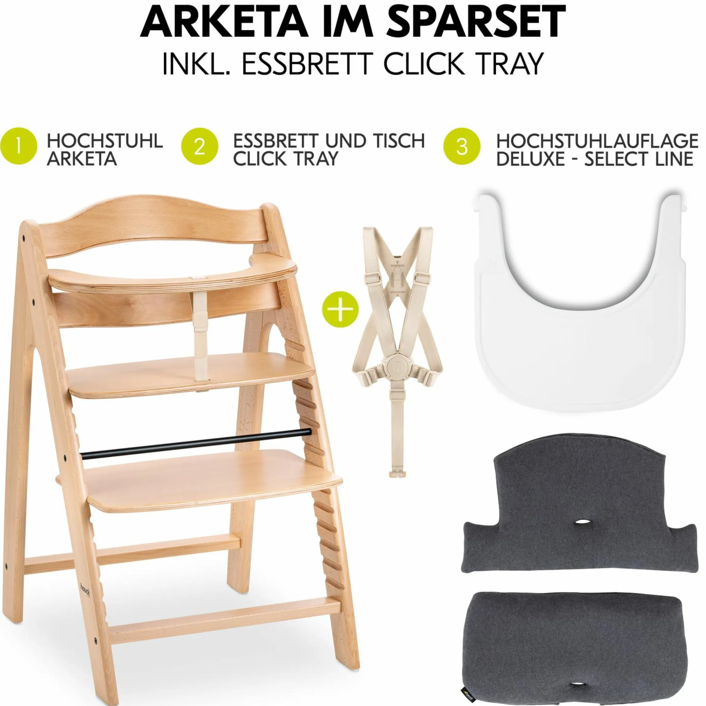 Hochstuhl Arketa Beech - im Sparset inkl. Click Tray und Sitzkissen - Charcoal