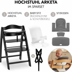 Hochstuhl Arketa Beech Blackwashed - im Sparset inkl. Baby Seat und Sitzpolster - Dark Grey