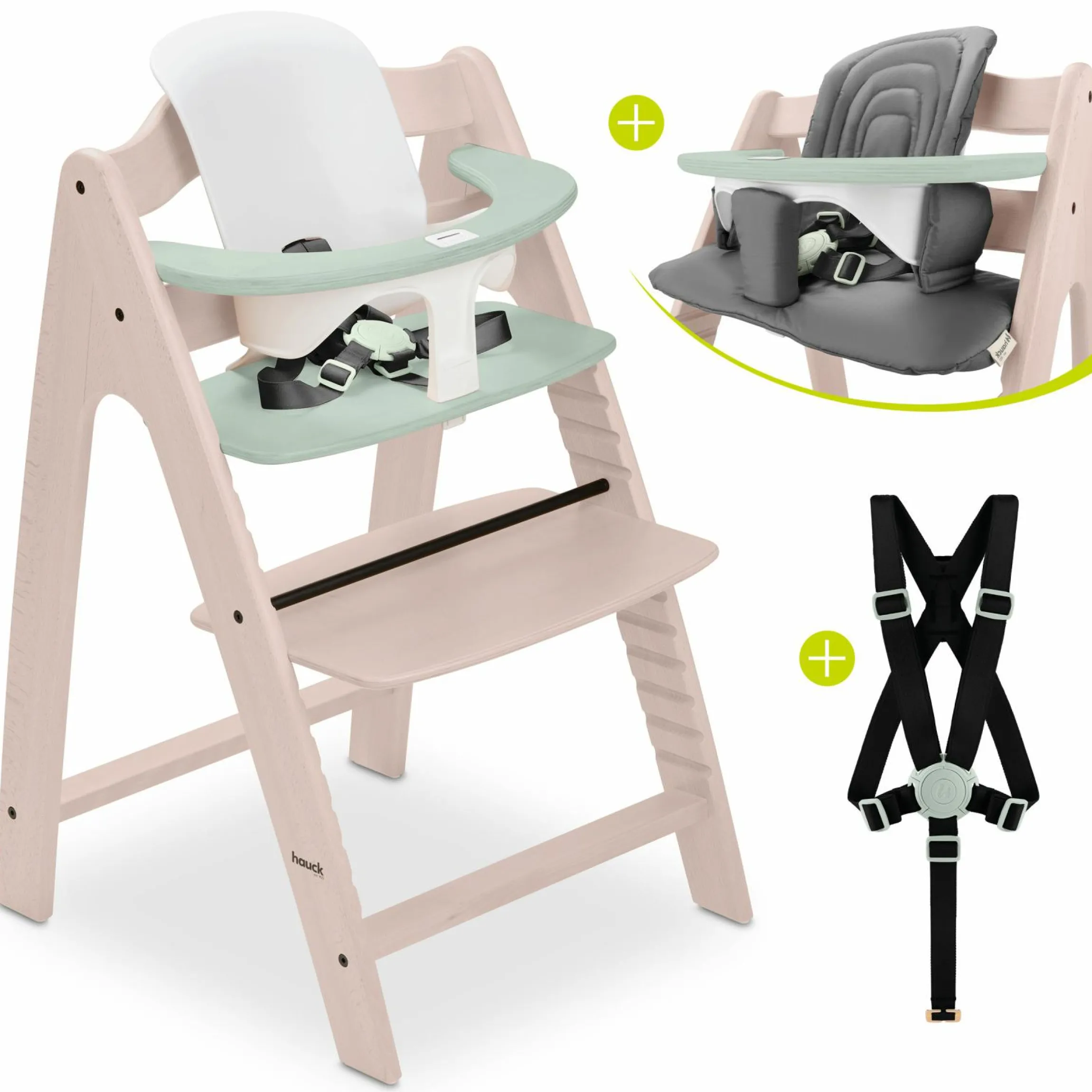 Hochstuhl Arketa Beech Whitewashed Mint - im Sparset inkl. Baby Seat und Sitzpolster - Dark Grey