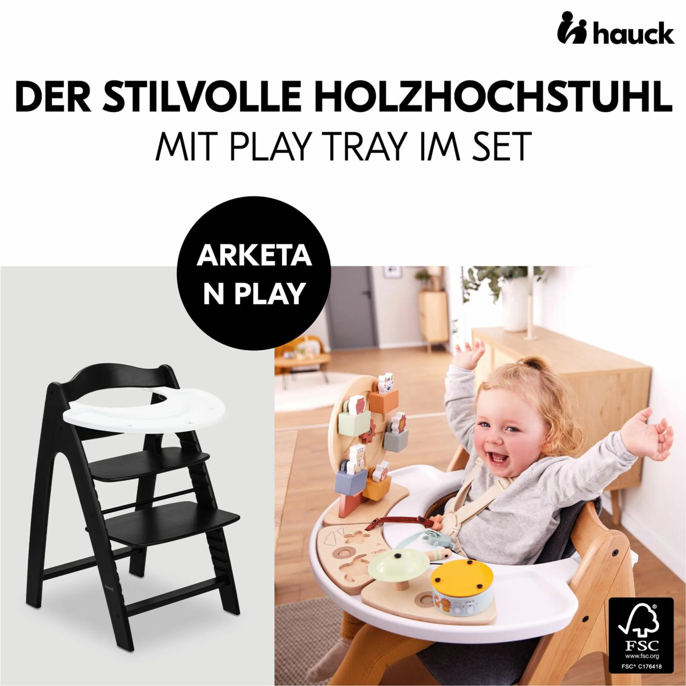 Hochstuhl Arketa inkl. Play Tray Basis - Beech Blackwashed