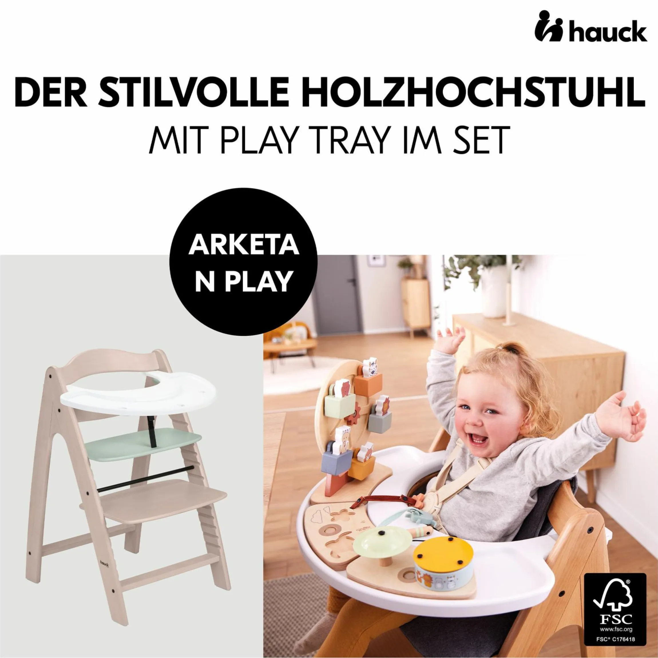 Hochstuhl Arketa inkl. Play Tray Basis - Beech Whitewashed Mint
