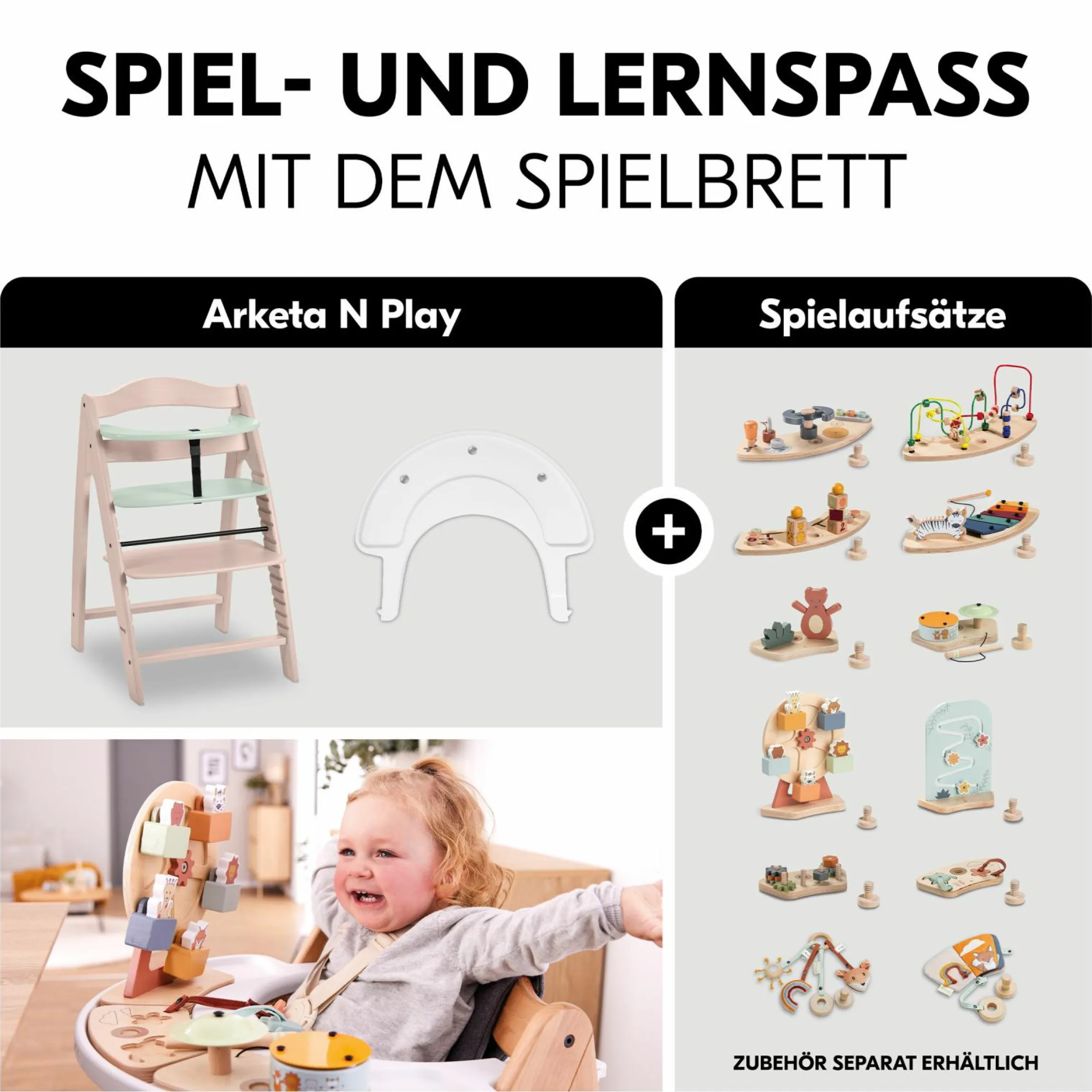 Hochstuhl Arketa inkl. Play Tray Basis - Beech Whitewashed Mint