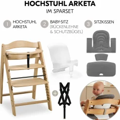 Hochstuhl Arketa Oak - im Sparset inkl. Baby Seat und Sitzpolster - Dark Grey