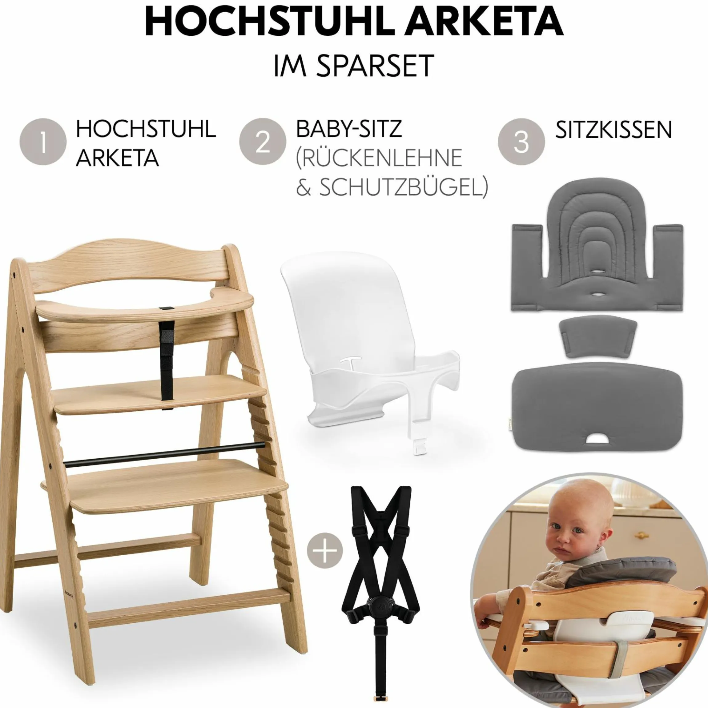 Hochstuhl Arketa Oak - im Sparset inkl. Baby Seat und Sitzpolster - Dark Grey