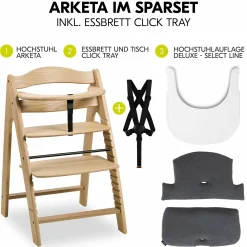 Hochstuhl Arketa Oak - im Sparset inkl. Click Tray und Sitzkissen - Charcoal