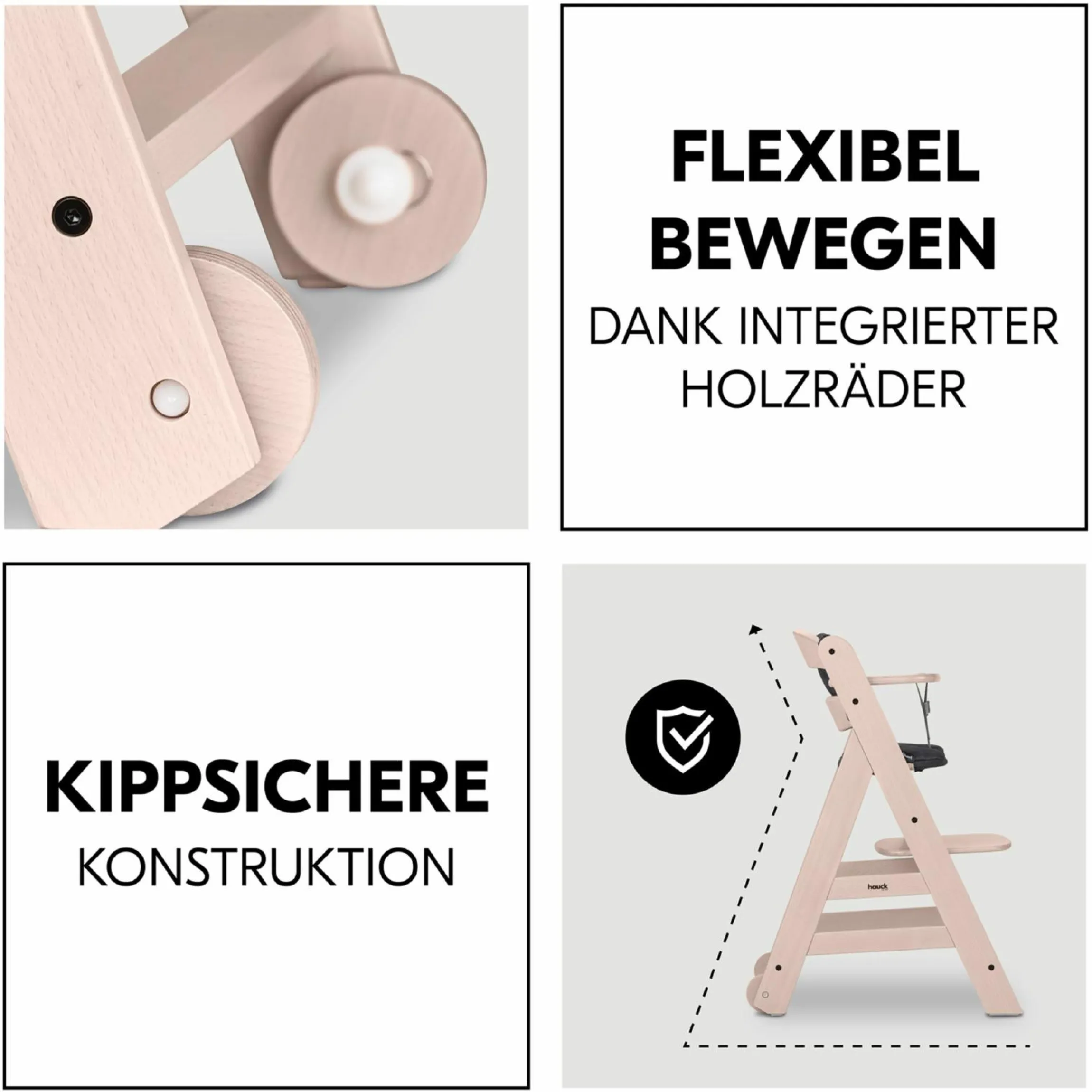 Hochstuhl Beta Plus inkl. Essbrett, Sitzkissen und Rollen - Whitewashed