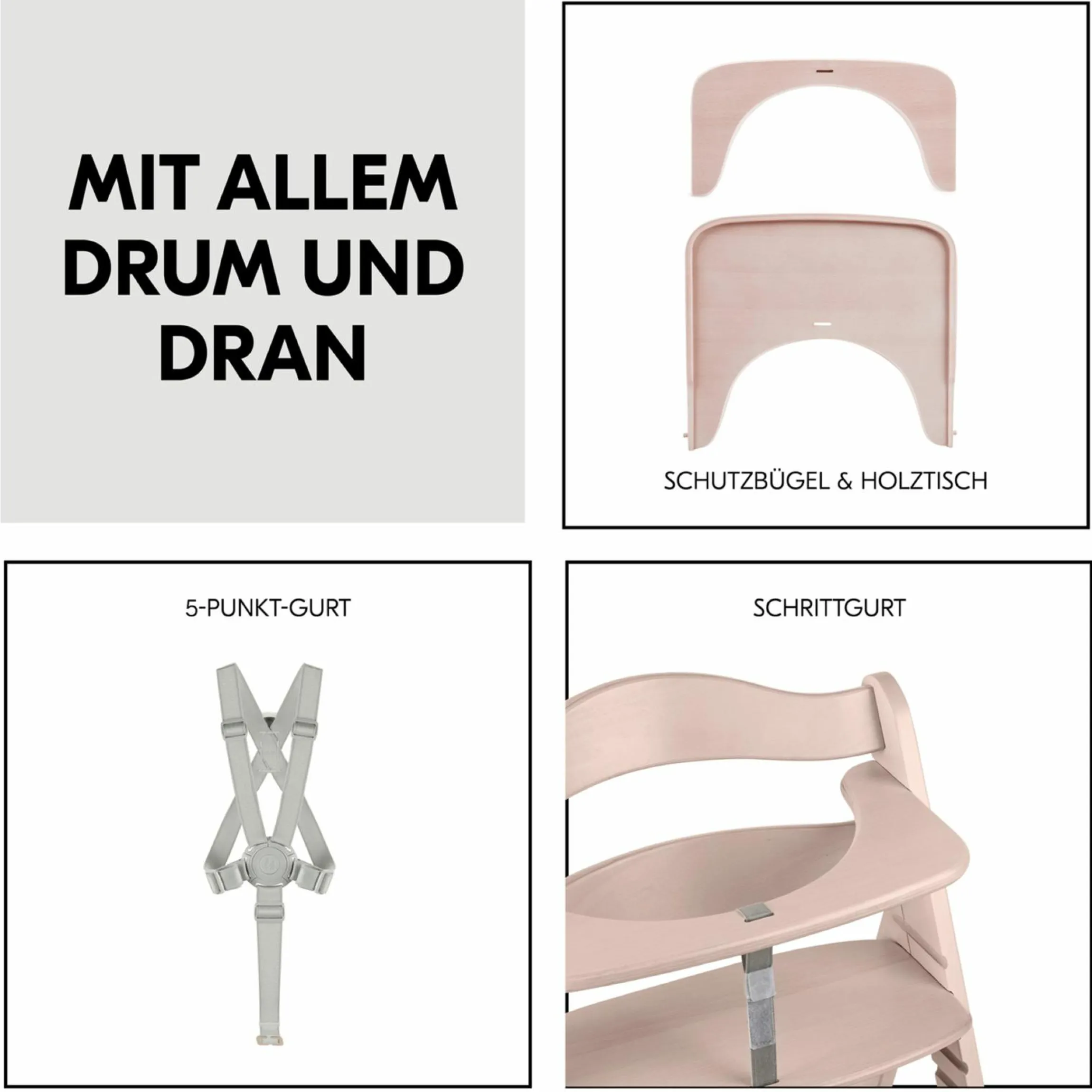Hochstuhl Beta Plus inkl. Essbrett, Sitzkissen und Rollen - Whitewashed