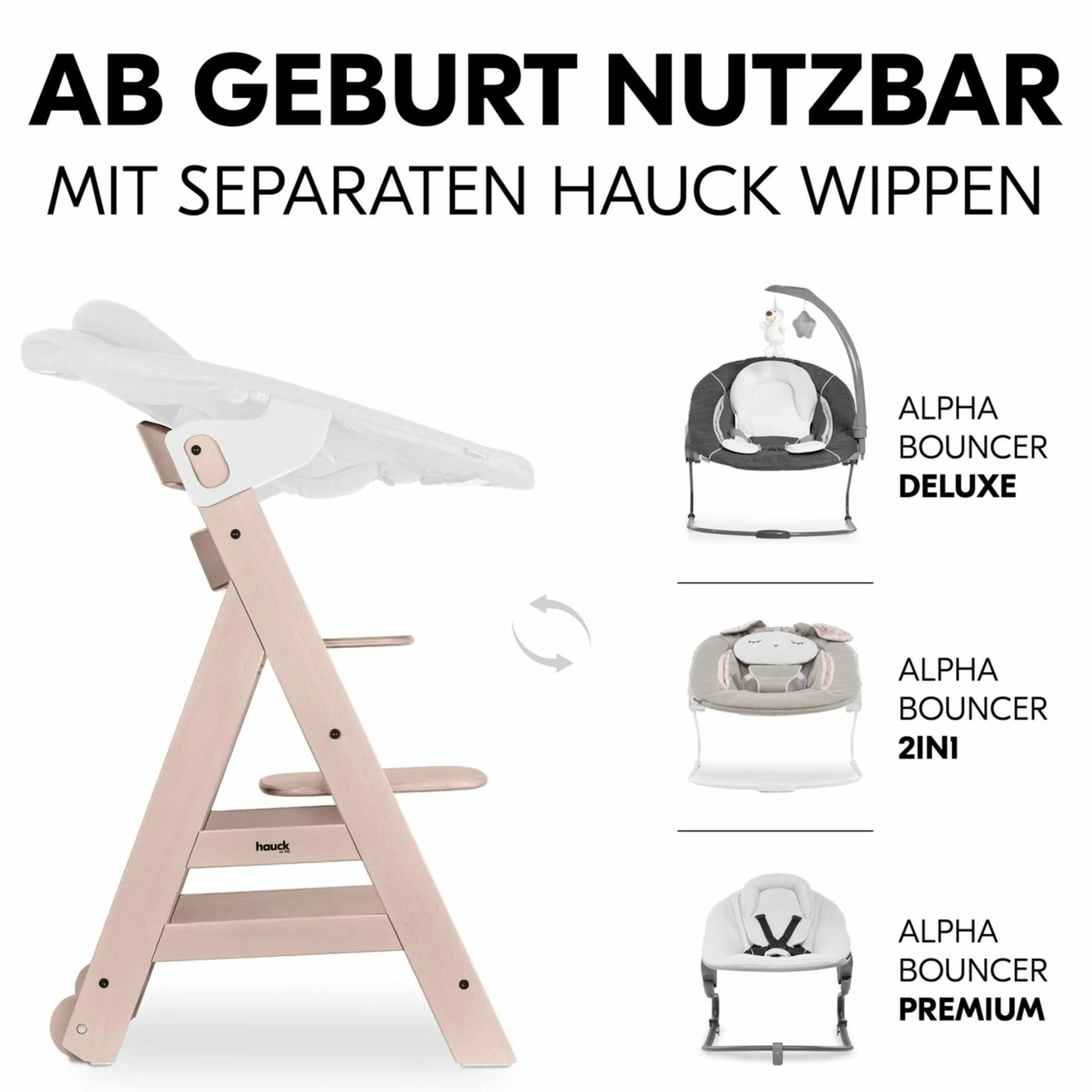 Hochstuhl Beta Plus inkl. Essbrett, Sitzkissen und Rollen - Whitewashed