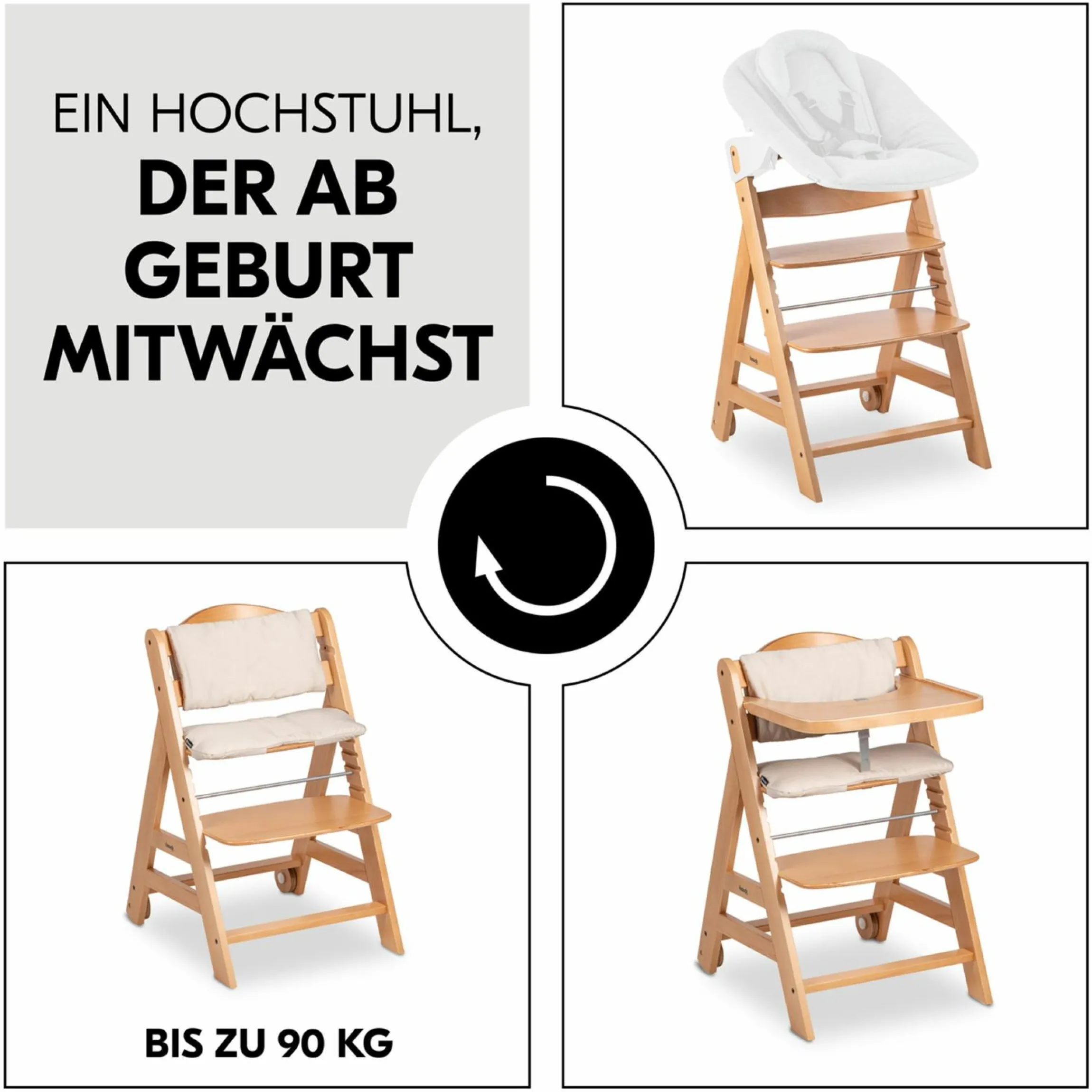Hochstuhl Beta Plus inkl. Essbrett, Sitzkissen und Rollen - Natural