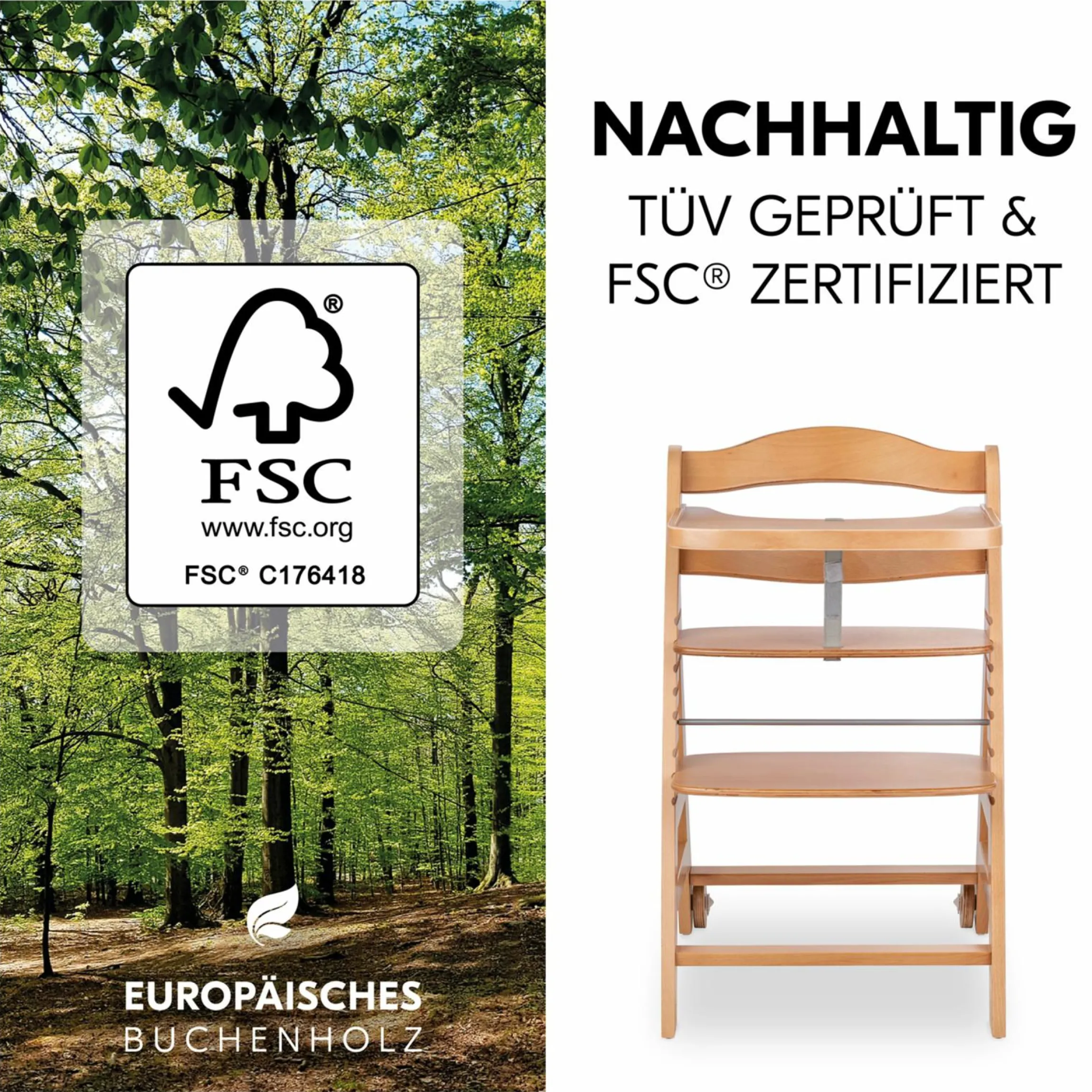 Hochstuhl Beta Plus inkl. Essbrett, Sitzkissen und Rollen - Natural
