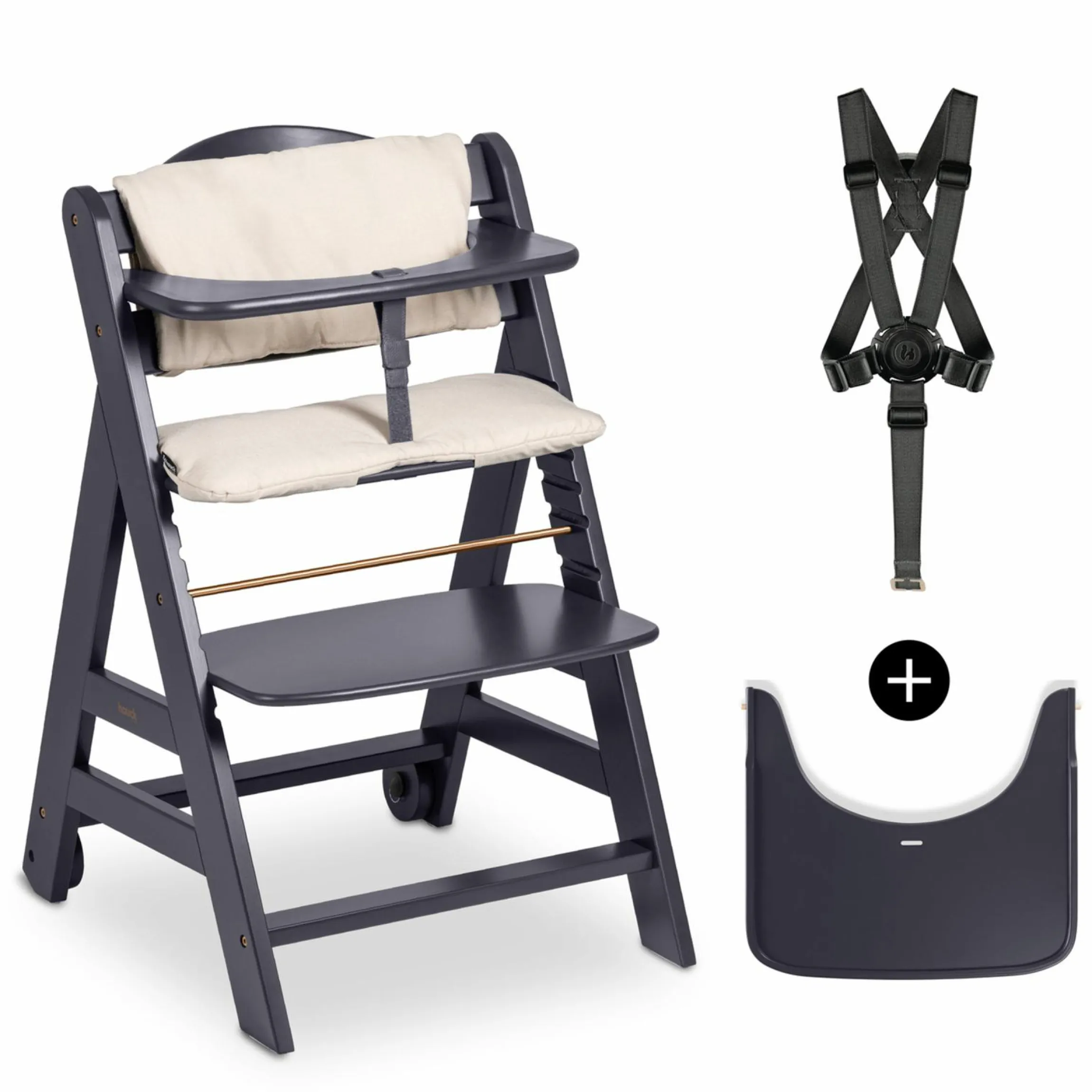 Hochstuhl Beta Plus inkl. Essbrett, Sitzkissen und Rollen - Dark Grey