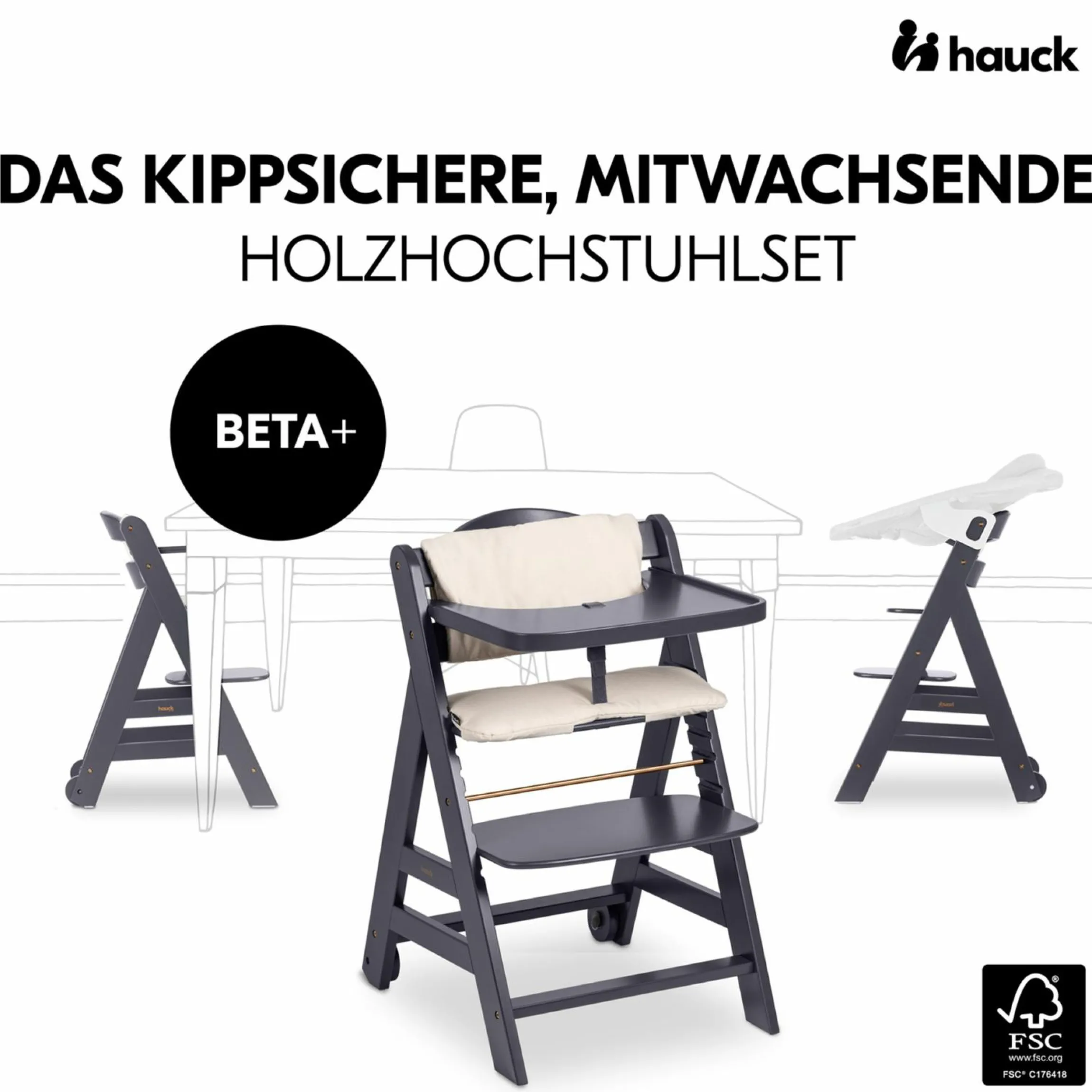 Hochstuhl Beta Plus inkl. Essbrett, Sitzkissen und Rollen - Dark Grey