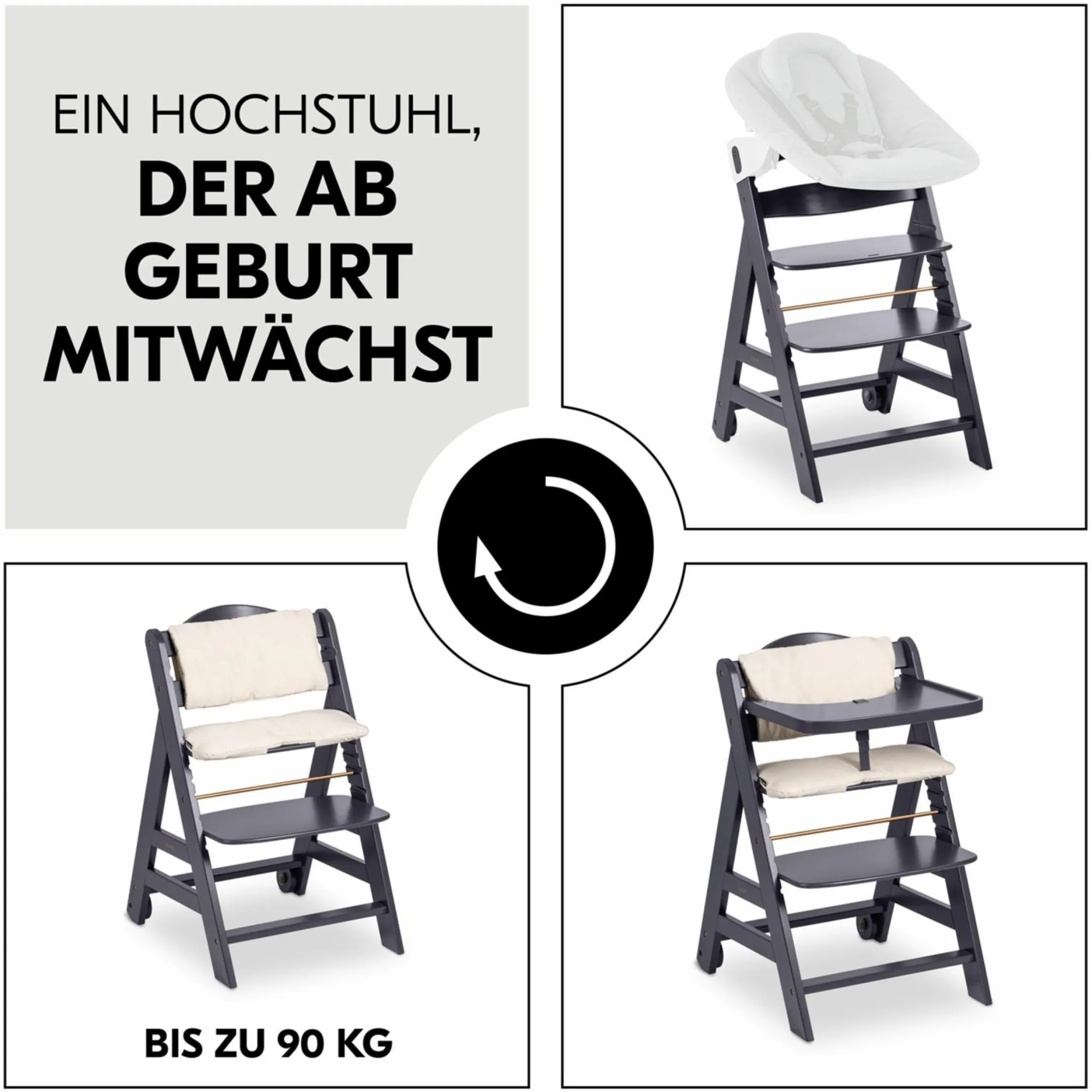 Hochstuhl Beta Plus inkl. Essbrett, Sitzkissen und Rollen - Dark Grey