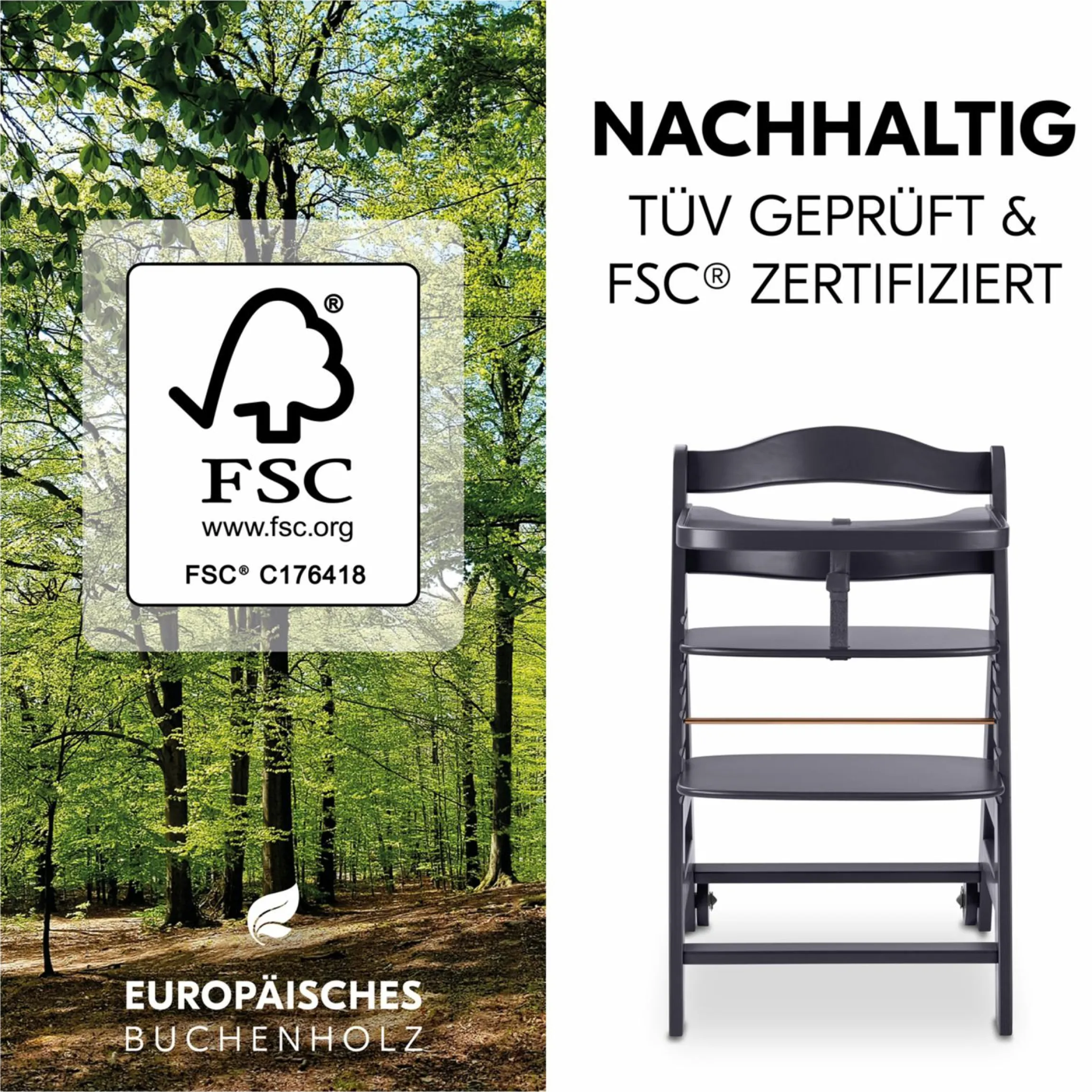 Hochstuhl Beta Plus inkl. Essbrett, Sitzkissen und Rollen - Dark Grey