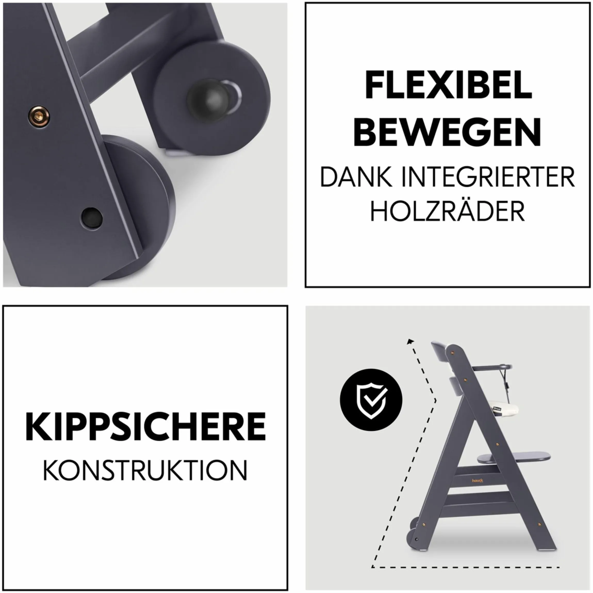 Hochstuhl Beta Plus inkl. Essbrett, Sitzkissen und Rollen - Dark Grey