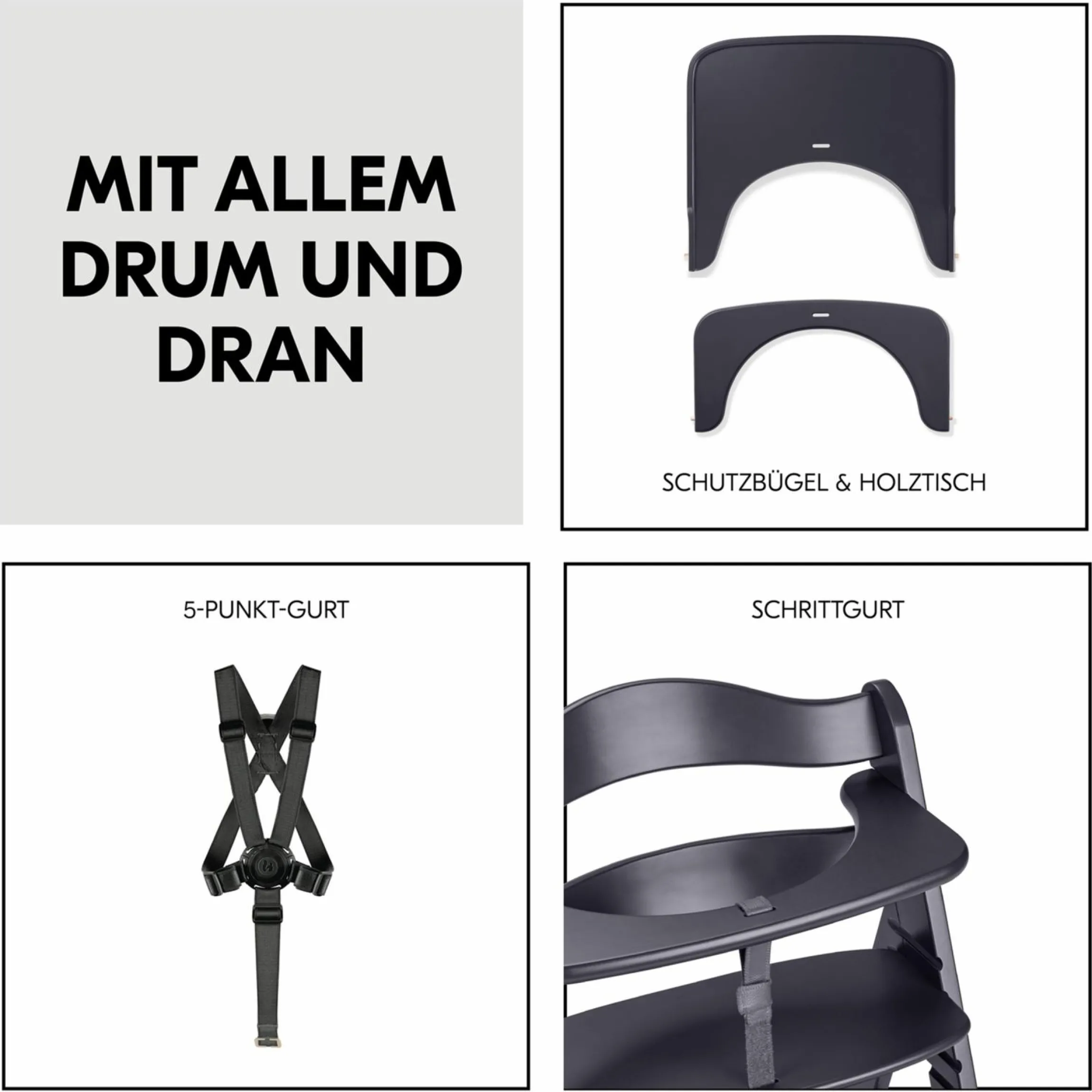 Hochstuhl Beta Plus inkl. Essbrett, Sitzkissen und Rollen - Dark Grey