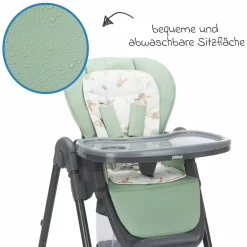 Hochstuhl Mio ab 6 Monate nutzbar mit Liegeposition, abnehmbarem Essbrett, 4 Rollen & klein faltbar - Grau Grün
