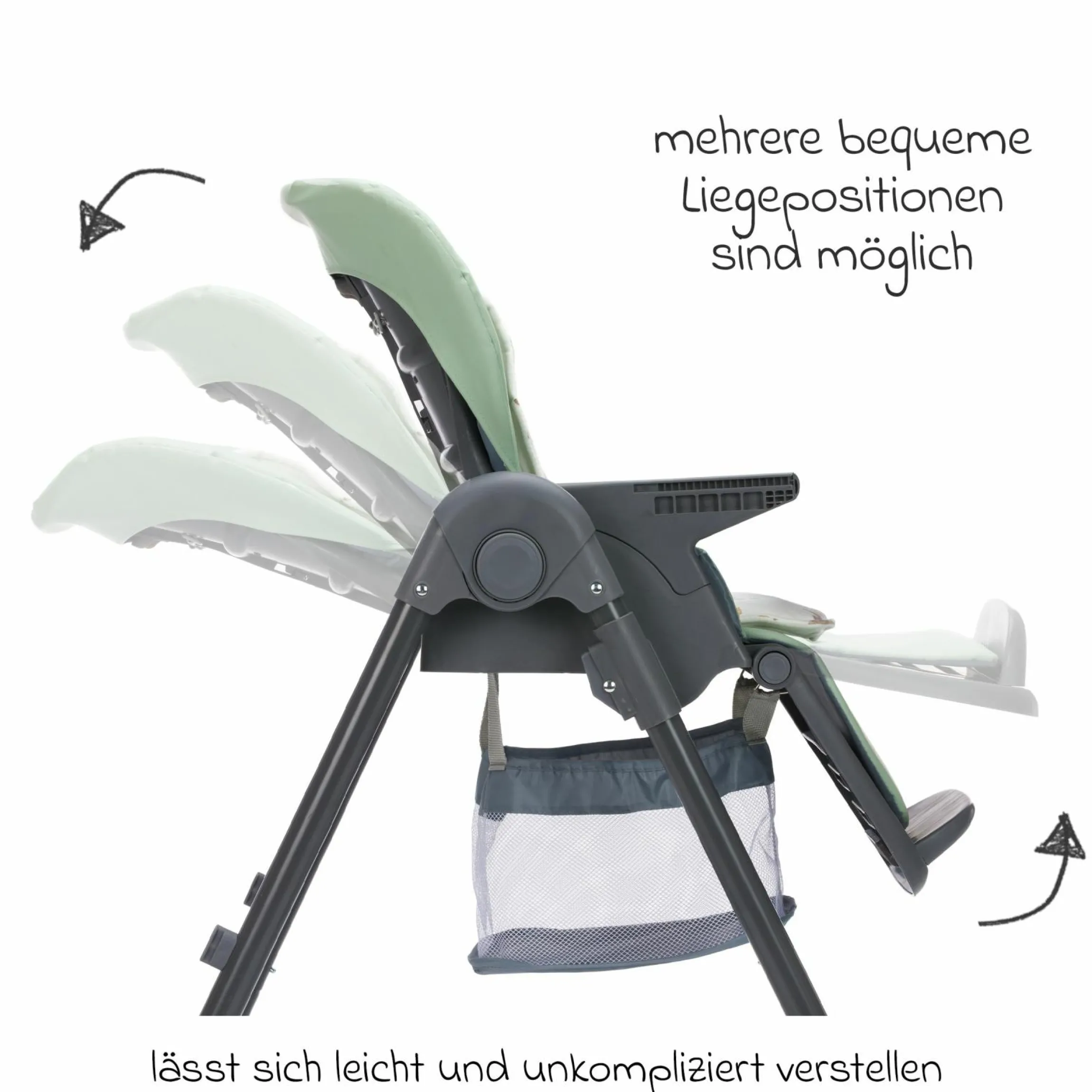 Hochstuhl Mio ab 6 Monate nutzbar mit Liegeposition, abnehmbarem Essbrett, 4 Rollen & klein faltbar - Grau Grün