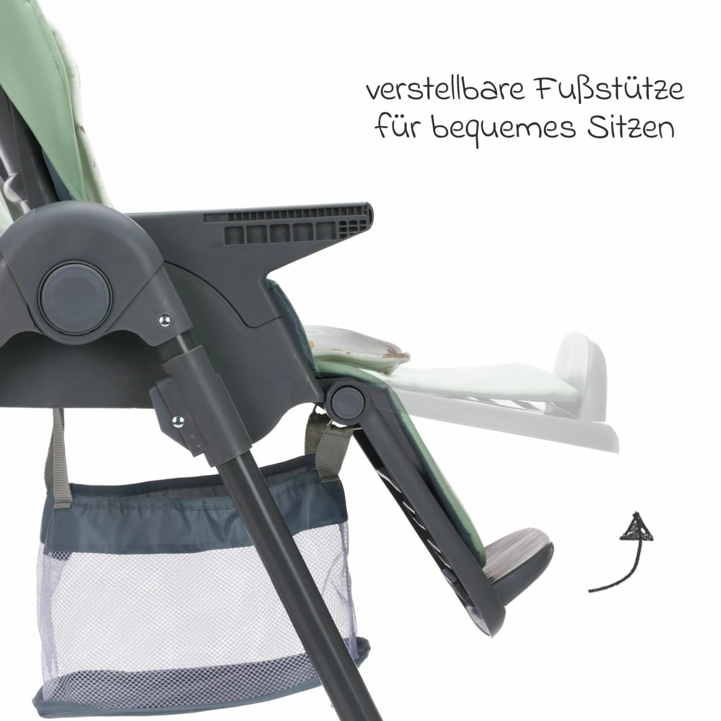 Hochstuhl Mio ab 6 Monate nutzbar mit Liegeposition, abnehmbarem Essbrett, 4 Rollen & klein faltbar - Grau Grün