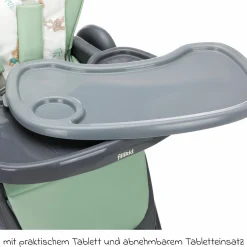Hochstuhl Mio ab 6 Monate nutzbar mit Liegeposition, abnehmbarem Essbrett, 4 Rollen & klein faltbar - Grau Grün