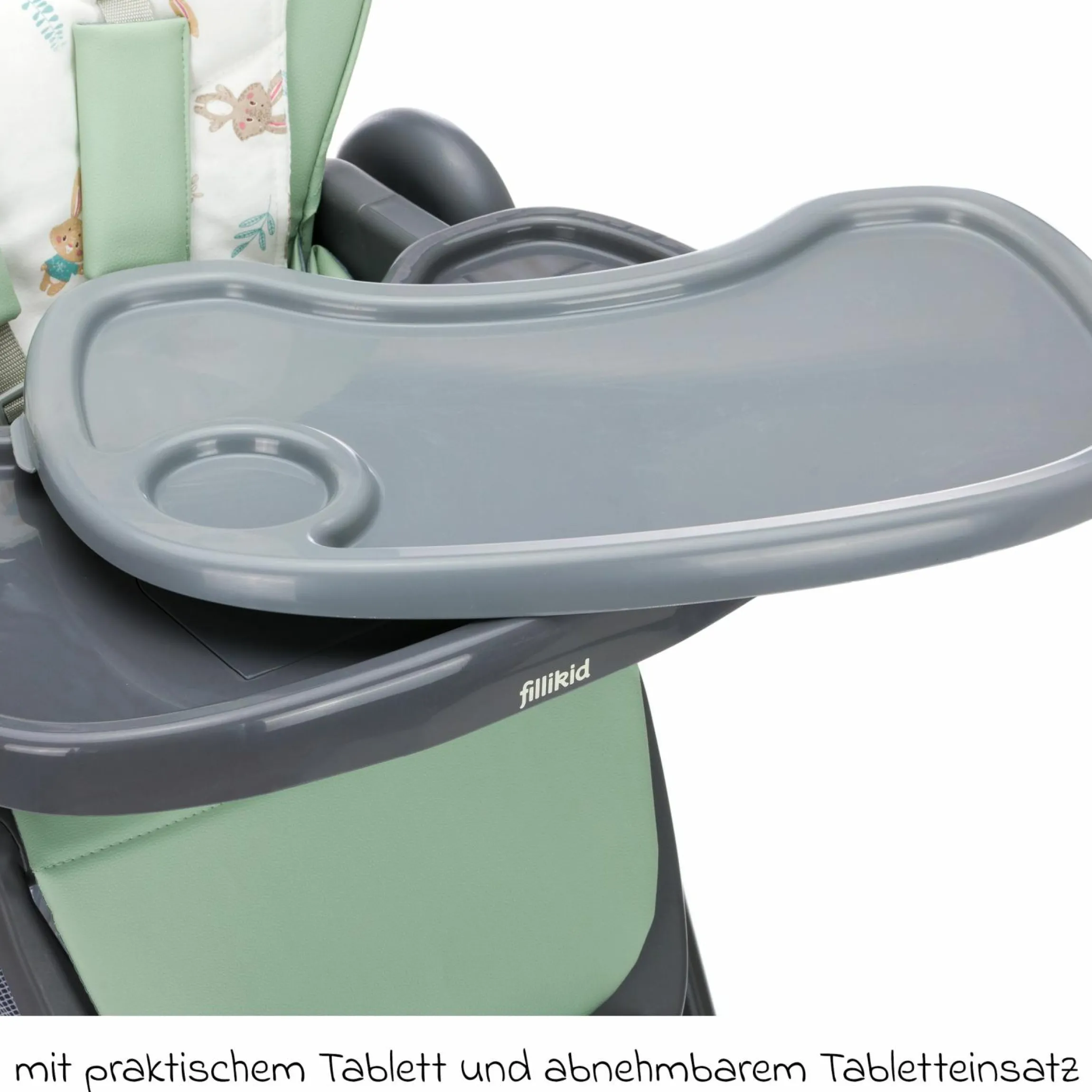 Hochstuhl Mio ab 6 Monate nutzbar mit Liegeposition, abnehmbarem Essbrett, 4 Rollen & klein faltbar - Grau Grün