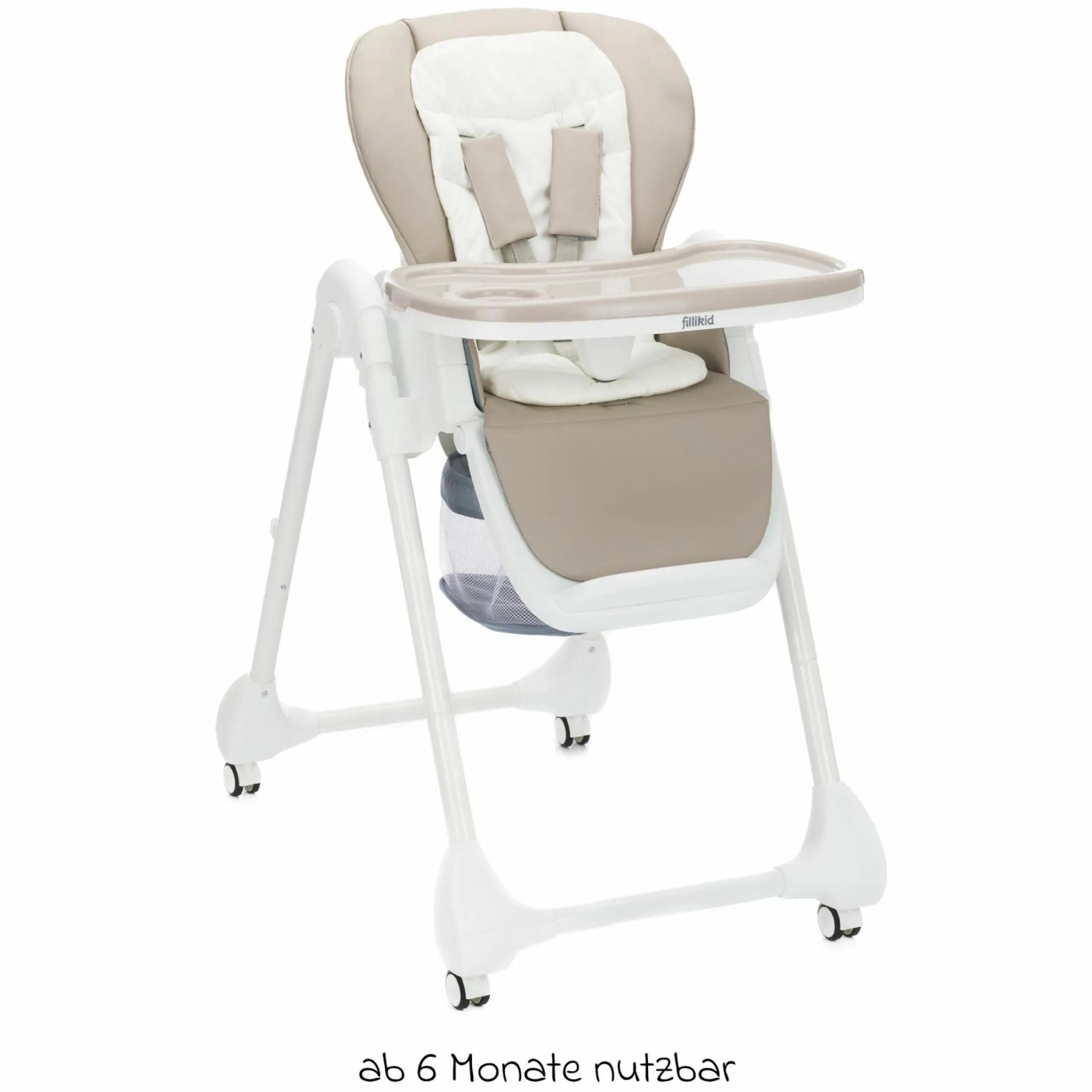 Hochstuhl Mio ab 6 Monate nutzbar mit Liegeposition, abnehmbarem Essbrett, 4 Rollen & klein faltbar - Weiß Taupe