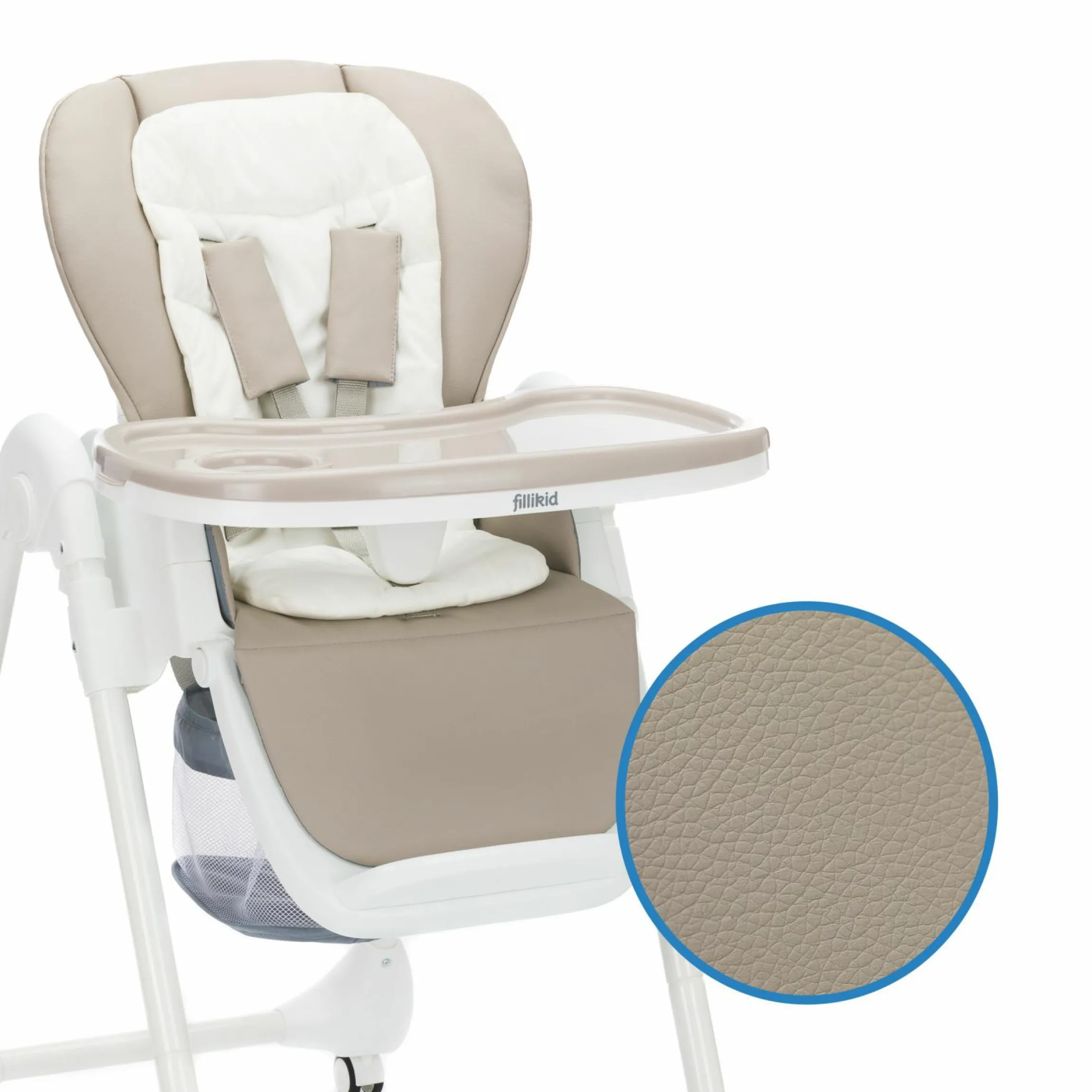 Hochstuhl Mio ab 6 Monate nutzbar mit Liegeposition, abnehmbarem Essbrett, 4 Rollen & klein faltbar - Weiß Taupe