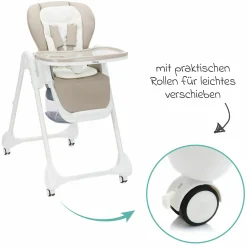Hochstuhl Mio ab 6 Monate nutzbar mit Liegeposition, abnehmbarem Essbrett, 4 Rollen & klein faltbar - Weiß Taupe