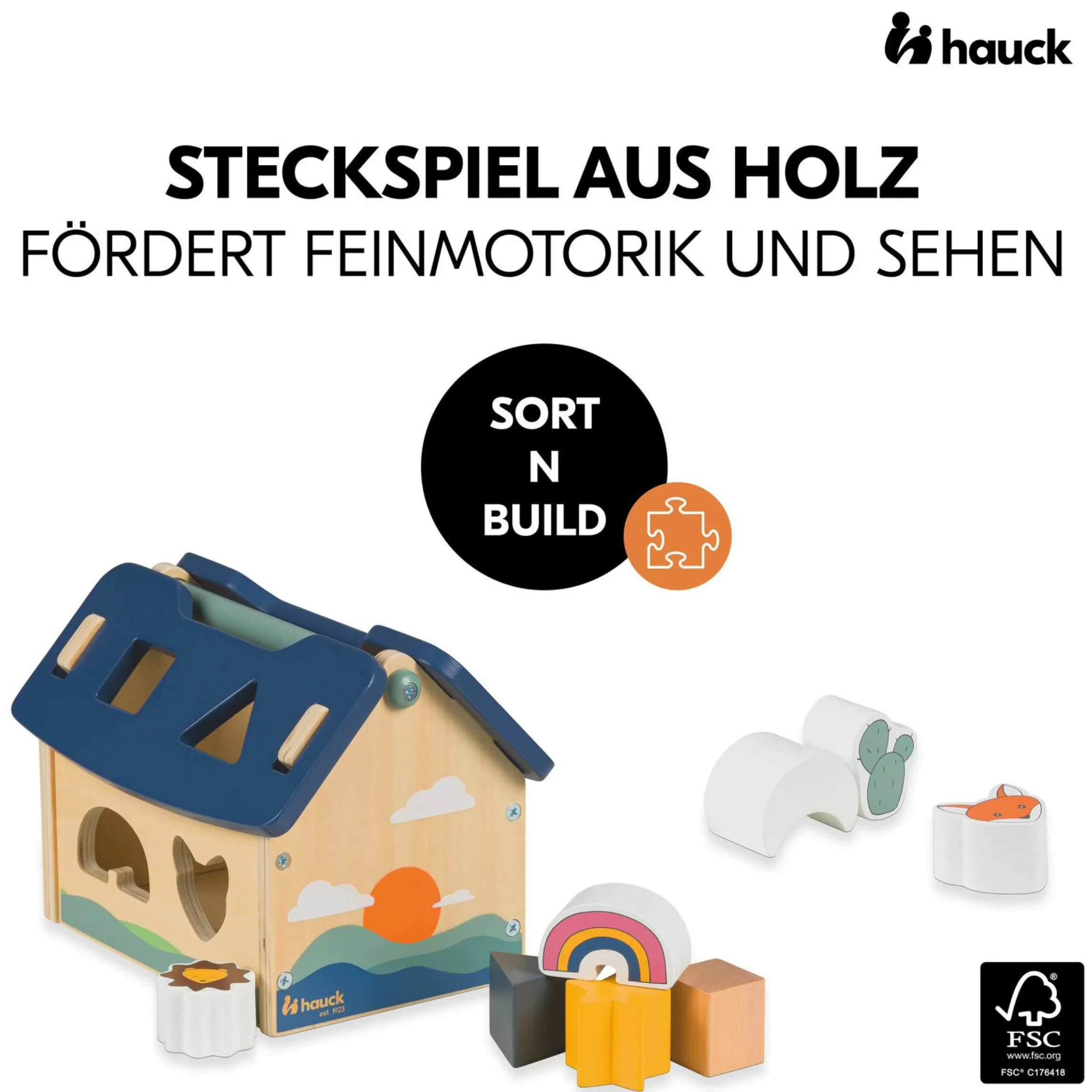 Holz Steck- und Motorik-Spiel - Haus mit Formen - Sort N Build