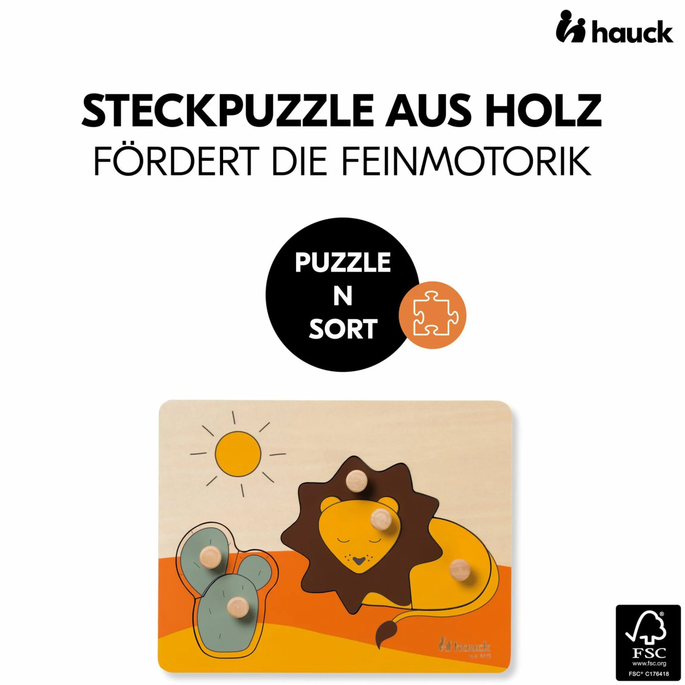 Holz Steckpuzzle für Baby (ab 1 Jahr) - Lion / Löwe - Puzzle N Sort