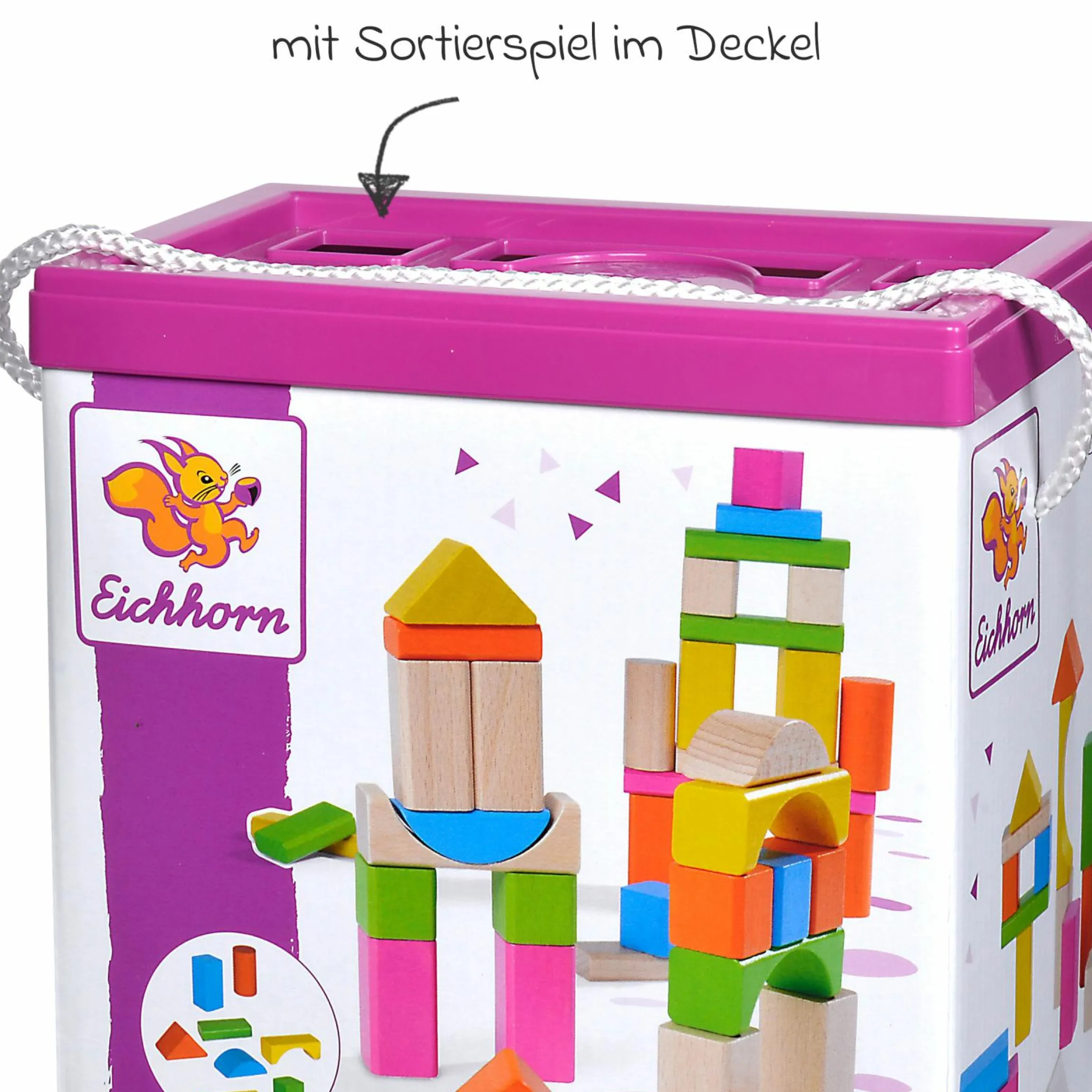 Holzbausteine 60 Stück - in Box mit Sortierspiel - Bunt & Natur