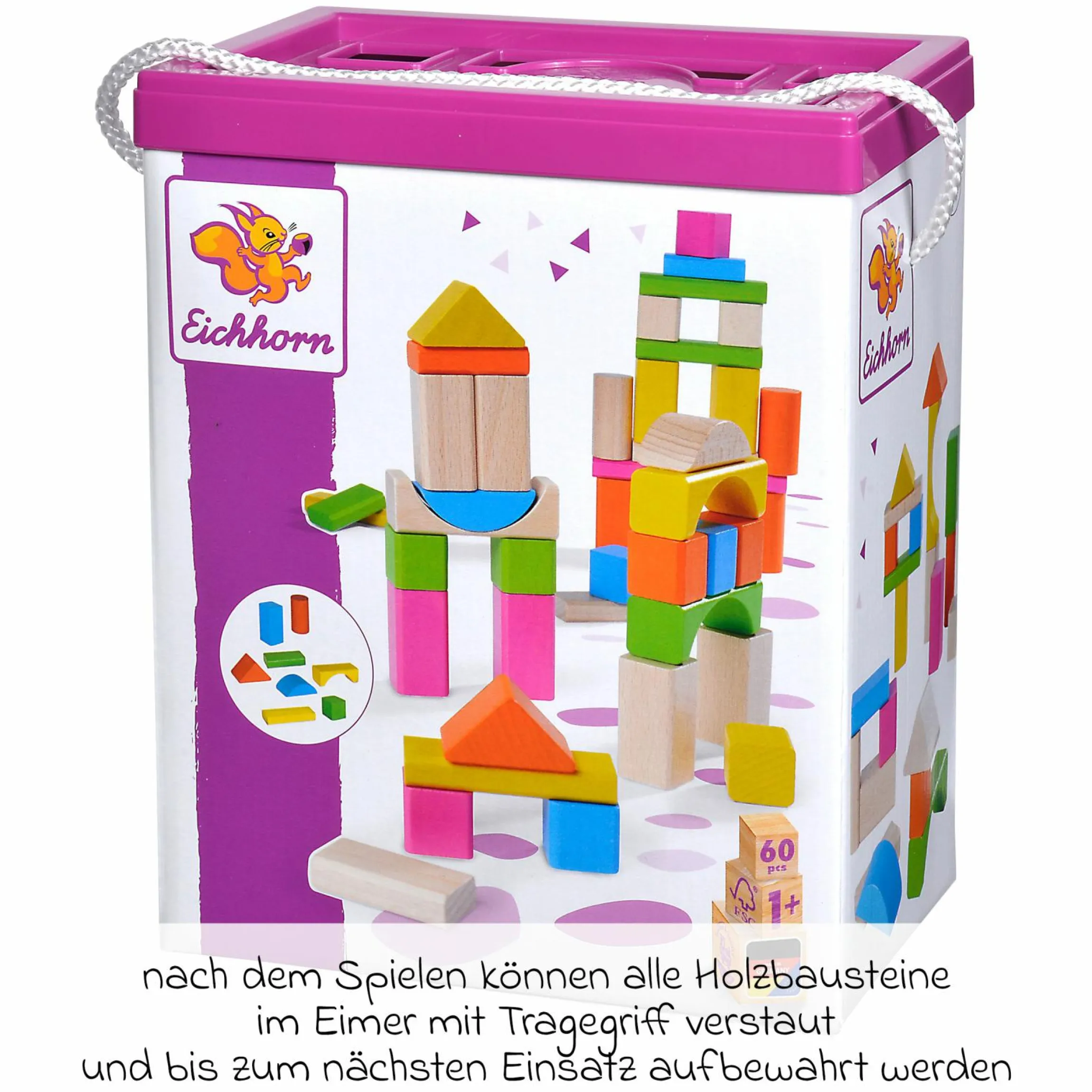 Holzbausteine 60 Stück - in Box mit Sortierspiel - Bunt & Natur