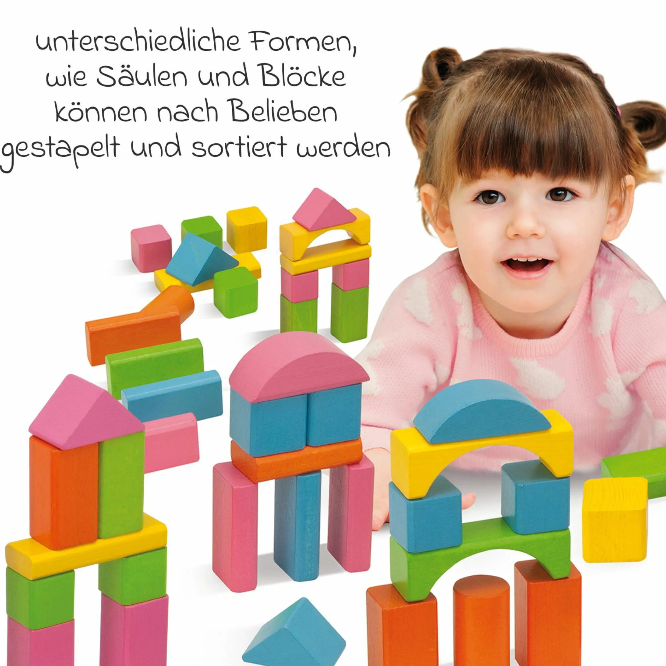 Holzbausteine 75 Stück - in Box mit Sortierspiel - Bunt