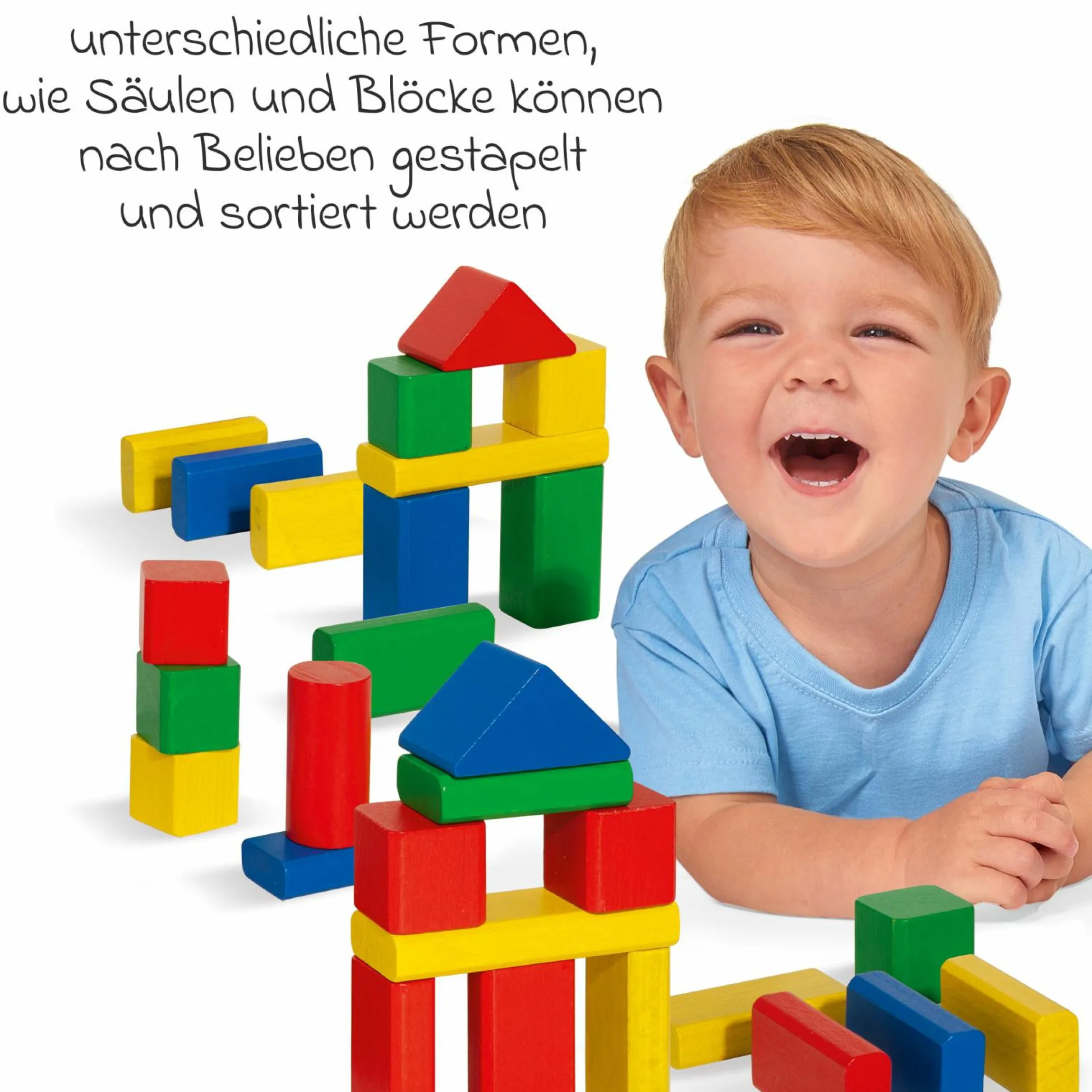 Holzbausteine 50 Stück - in Box mit Sortierspiel - Bunt