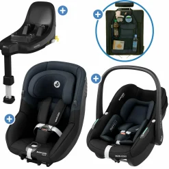 3in1 Babyschale & Reboarder-Set ab Geburt bis 4 Jahre mit (40 - 105 cm) mit Babyschale Pebble S i-Size & Kindersitz Pearl S inkl. Isofix-Basis FamilyFix S & Rückenlehnenschutz - Tonal Black