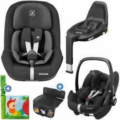3in1 Babyschale & Reboarder-Set ab Geburt - 4 Jahre (45 cm - 105 cm) mit Babyschale Pebble Pro, Kindersitz Pearl Pro 2, FamilyFix 3 inkl. Schutzunterlage & Buggybuch - Black - Kollektion 2025
