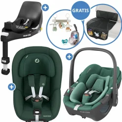 3in1 Babyschale & Reboarder-Set FamilyFix 360 ab Geburt bis 4 Jahre (40 - 105 cm) mit Babyschale Pebble 360 & Kindersitz Pearl 360 inkl. Isofix-Basis FamilyFix, Schutzunterlage, Activity-Trapez & Schnullertasche - Green - Kollektion 2025