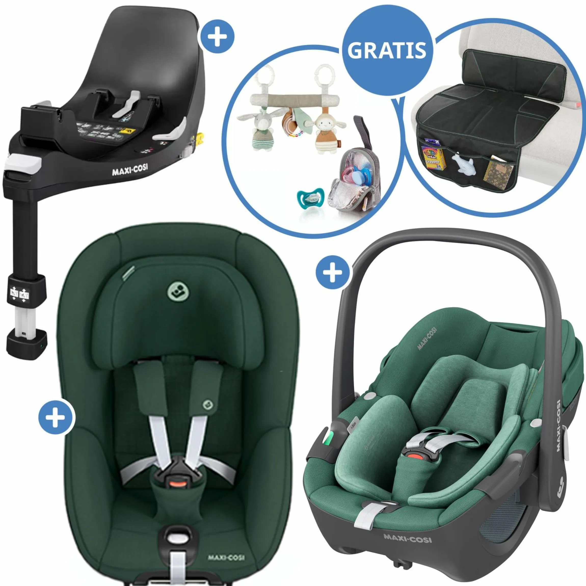 3in1 Babyschale & Reboarder-Set FamilyFix 360 ab Geburt bis 4 Jahre (40 - 105 cm) mit Babyschale Pebble 360 & Kindersitz Pearl 360 inkl. Isofix-Basis FamilyFix, Schutzunterlage, Activity-Trapez & Schnullertasche - Green - Kollektion 2025