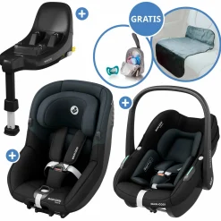 3in1 Babyschalen & Kindersitz-Set FamilyFix S ab Geburt bis 4 Jahre (40cm - 105 cm mit Babyschale Pebble S & Kindersitz Pearl S inkl. Isofix-Basis FamilyFix S, Schutzunterlage & Schnullertasche - Tonal Black - Kollektion 2025