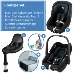 3in1 Babyschalen & Kindersitz-Set FamilyFix S ab Geburt bis 4 Jahre (40cm - 105 cm mit Babyschale Pebble S & Kindersitz Pearl S inkl. Isofix-Basis FamilyFix S, Schutzunterlage & Schnullertasche - Tonal Black - Kollektion 2025