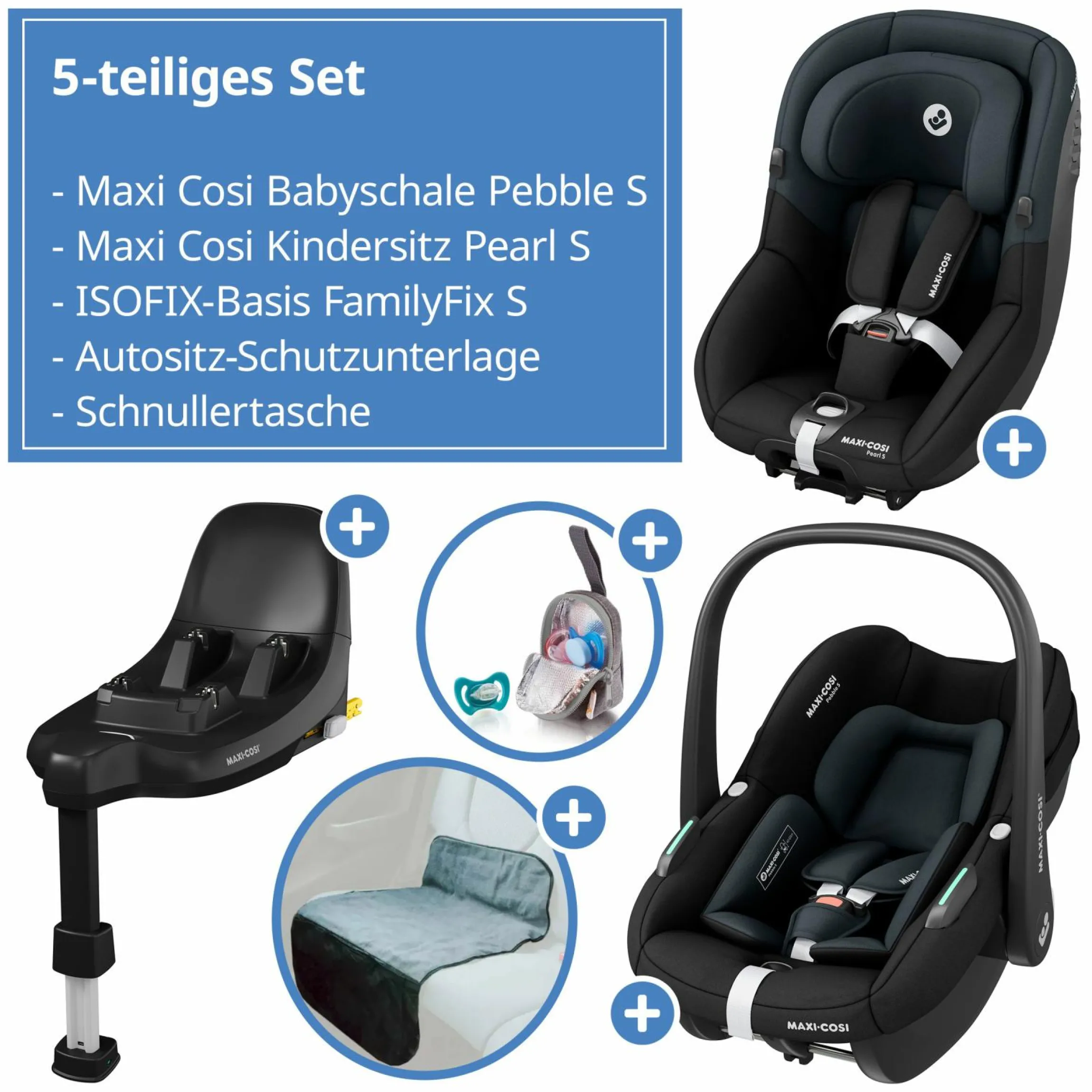3in1 Babyschalen & Kindersitz-Set FamilyFix S ab Geburt bis 4 Jahre (40cm - 105 cm mit Babyschale Pebble S & Kindersitz Pearl S inkl. Isofix-Basis FamilyFix S, Schutzunterlage & Schnullertasche - Tonal Black - Kollektion 2025
