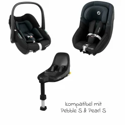 3in1 Babyschalen & Kindersitz-Set FamilyFix S ab Geburt bis 4 Jahre (40cm - 105 cm mit Babyschale Pebble S & Kindersitz Pearl S inkl. Isofix-Basis FamilyFix S, Schutzunterlage & Schnullertasche - Tonal Black - Kollektion 2025