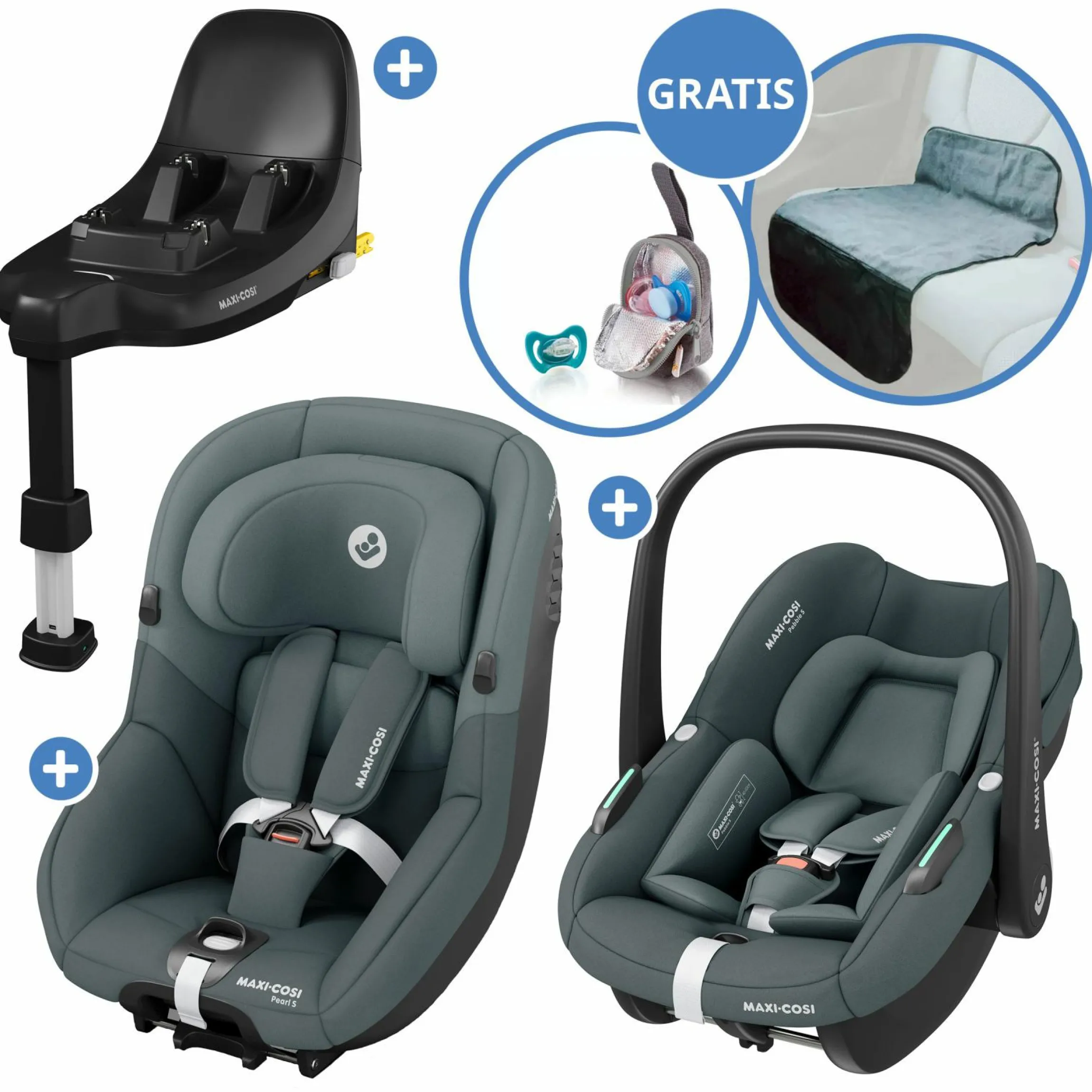 3in1 Babyschalen & Kindersitz-Set FamilyFix S ab Geburt bis 4 Jahre (40cm - 105 cm mit Babyschale Pebble S & Kindersitz Pearl S inkl. Isofix-Basis FamilyFix S, Schutzunterlage & Schnullertasche - Tonal Graphite - Kollektion 2025