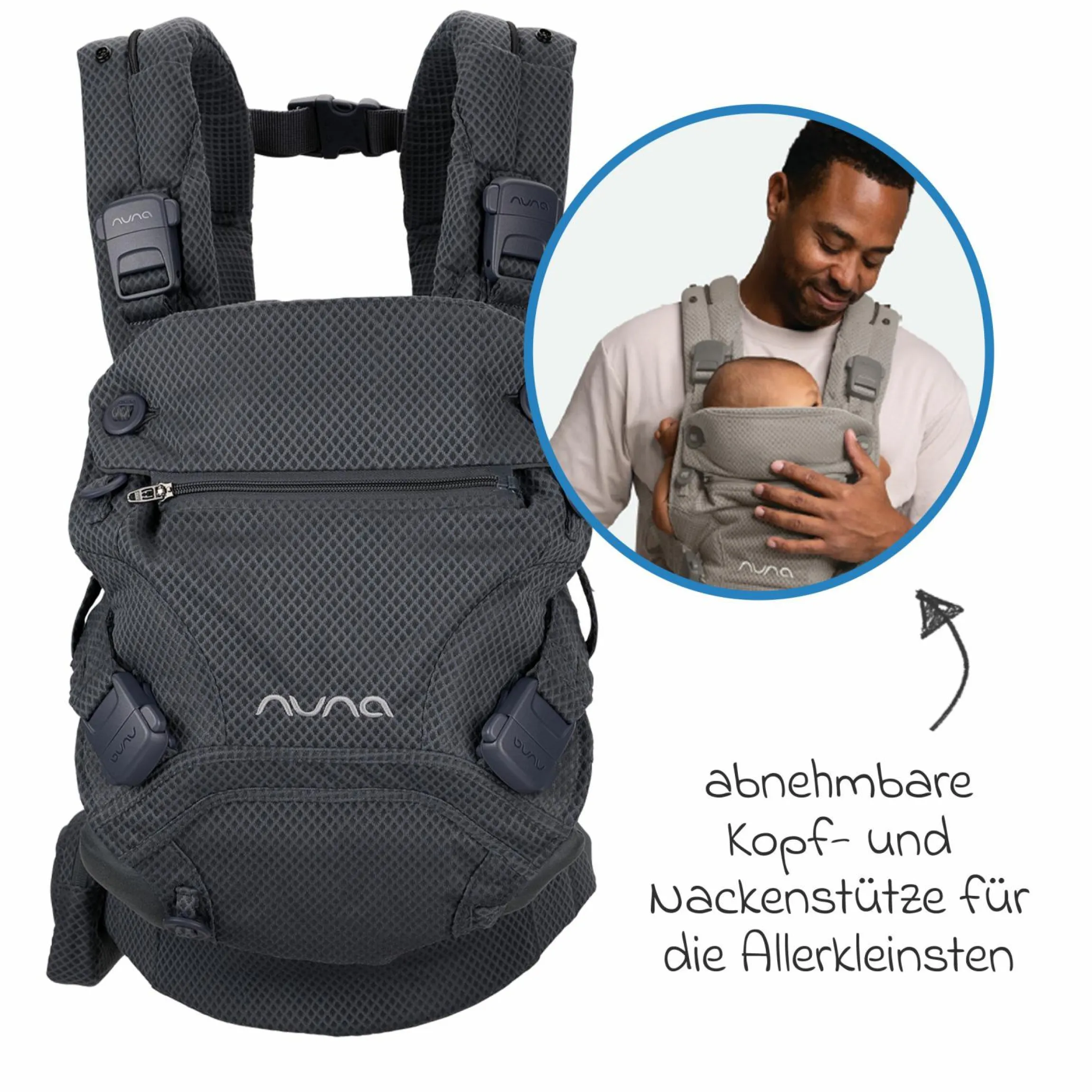 4in1 Babytrage CUDL Clik für Neugeborene ab 3,5 kg bis 16 kg einsetzbar mit 4 Tragepositionen, Klickverschluss inkl. Zubehör - Denim - Kollektion 2025